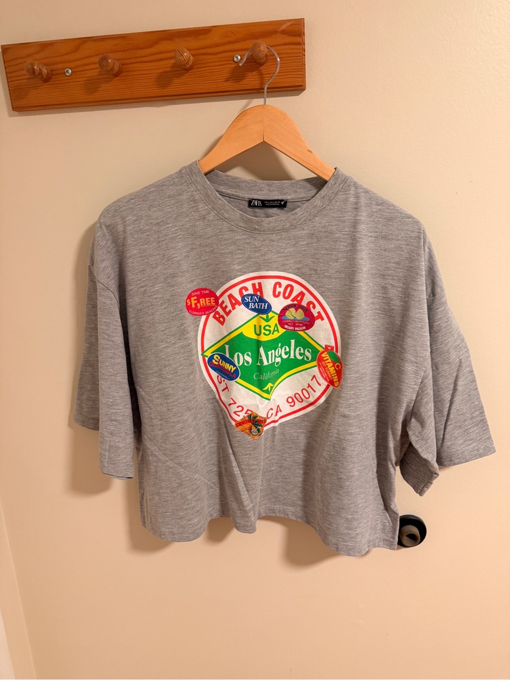 Zara Light Gray Beach Coast Oversized Graphic Cropped Tee